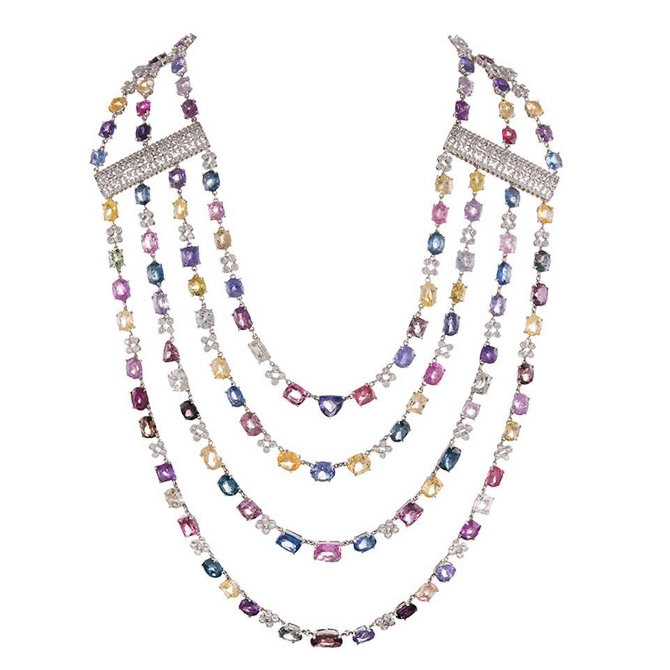 158.84 Carat Colored Sapphire Diamond Gold Multi-Strand Necklace