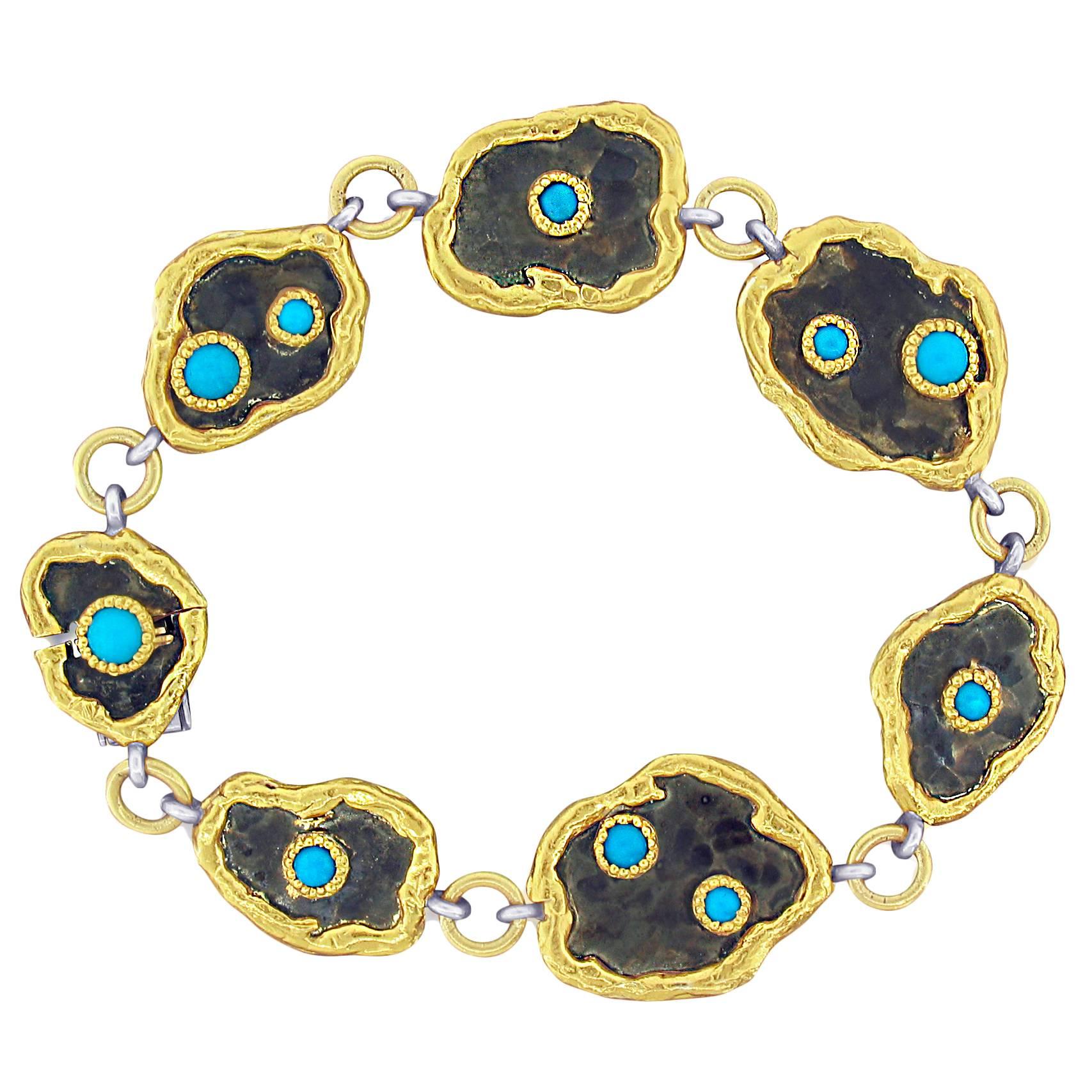 Victor Velyan Turquoise Silver Gold Link Bracelet 