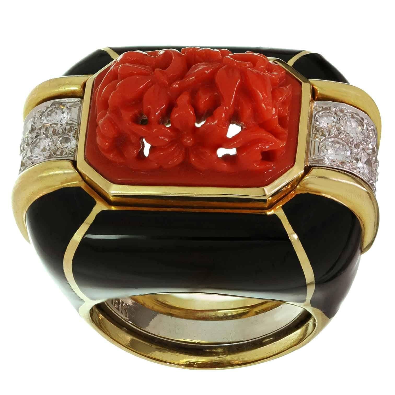 David Webb Enamel Coral Diamond Gold Platinum Ring