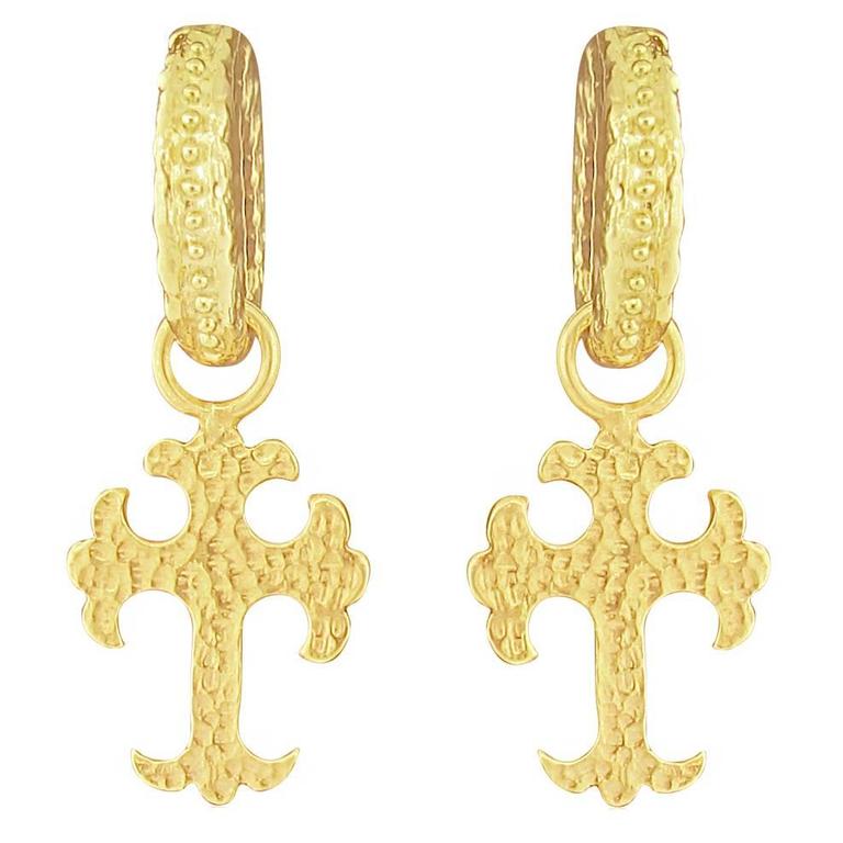 Victor Velyan Gold Hoop Earrings With Cross Charms For At 1stdibs Victor Velyan Gold Hoop Earrings With Cross Charms For