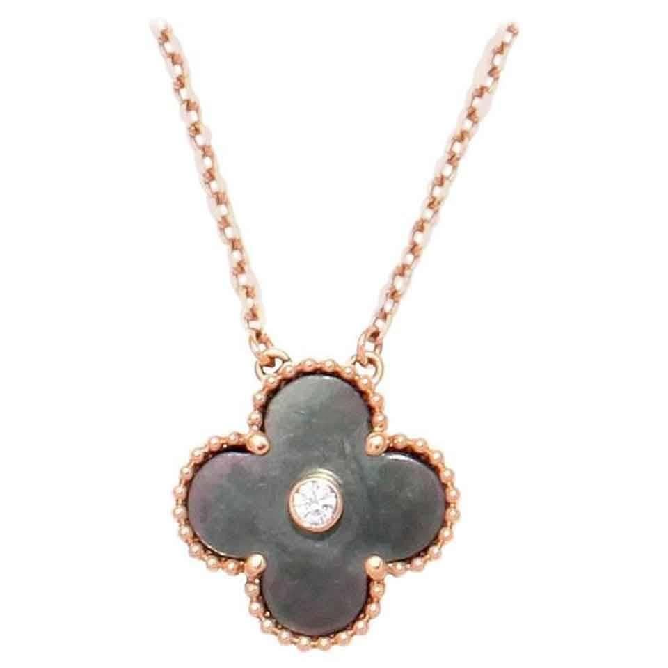 Van Cleef & Arpels Grey Mother-Of-Pearl Diamond Gold Vintage Alhambra Necklace