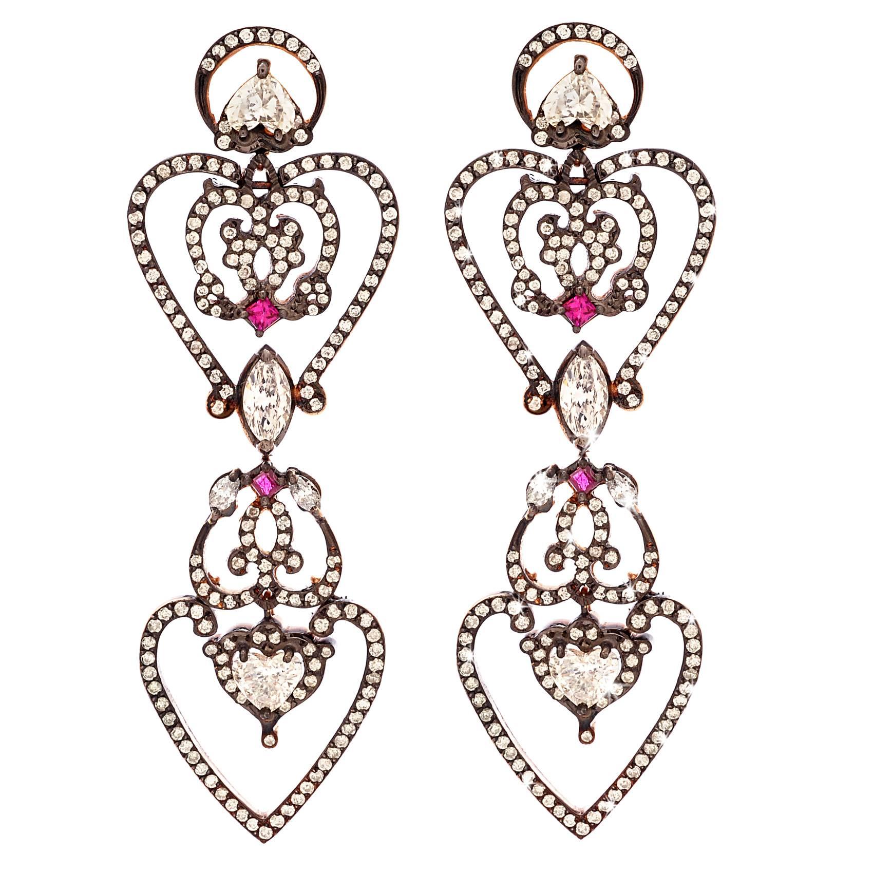 Sabine Getty Large Ruby Diamond Gold Relic Earrings For Sale