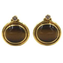Elizabeth Gage Tiger's Eye Diamond Gold Clip Earrings