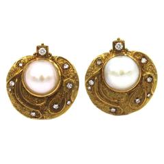 Elizabeth Gage Diamond Mabe Pearl Gold Clip Earrings