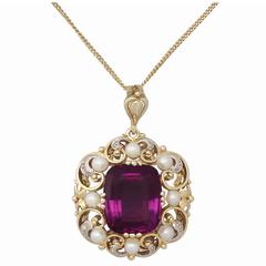 Pearl, 16.18 ct Amethyst, 0.10 ct Diamond and 14k Yellow Gold Pendant