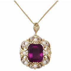 Pearl, 16.18 ct Amethyst, 0.10 ct Diamond and 14k Yellow Gold Pendant 