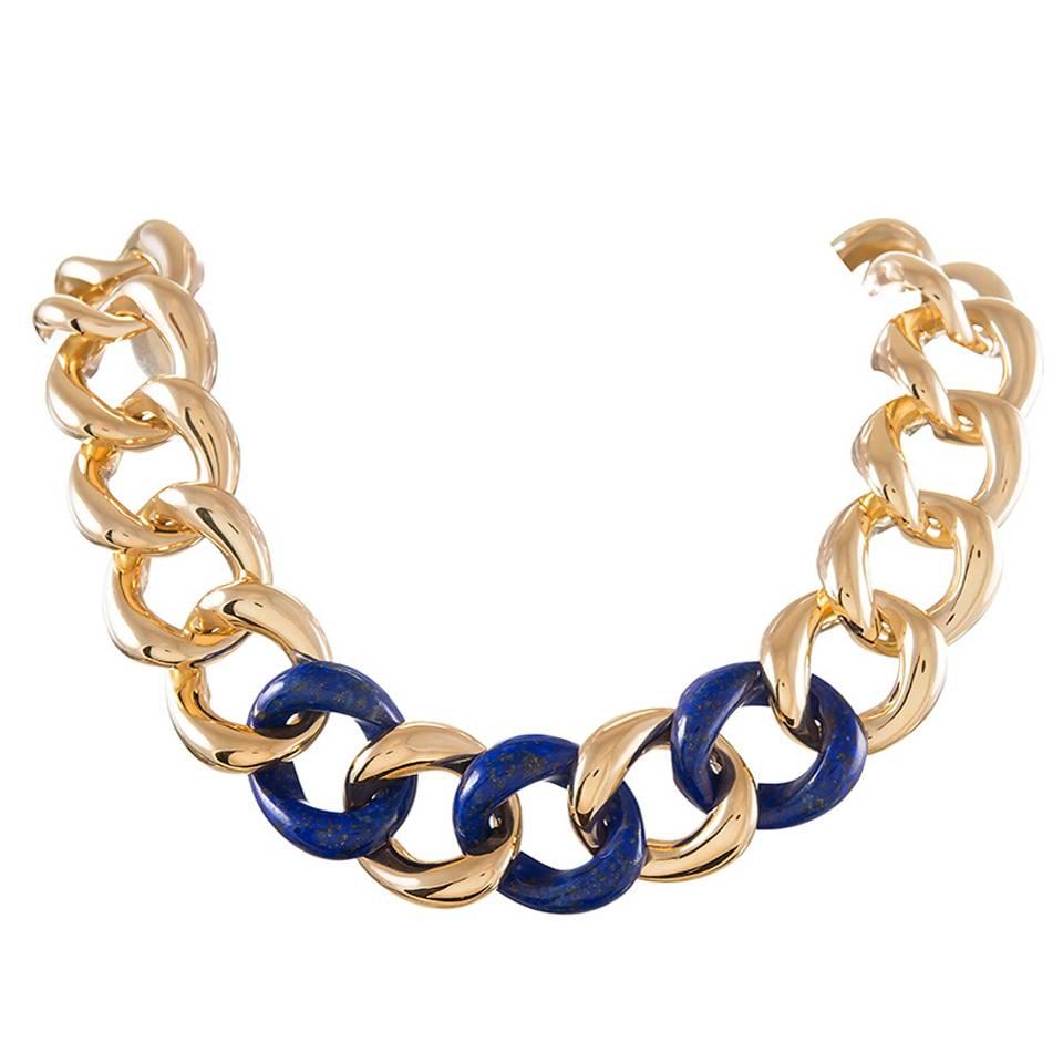 Seaman Schepps Lapis Gold Link Necklace For Sale