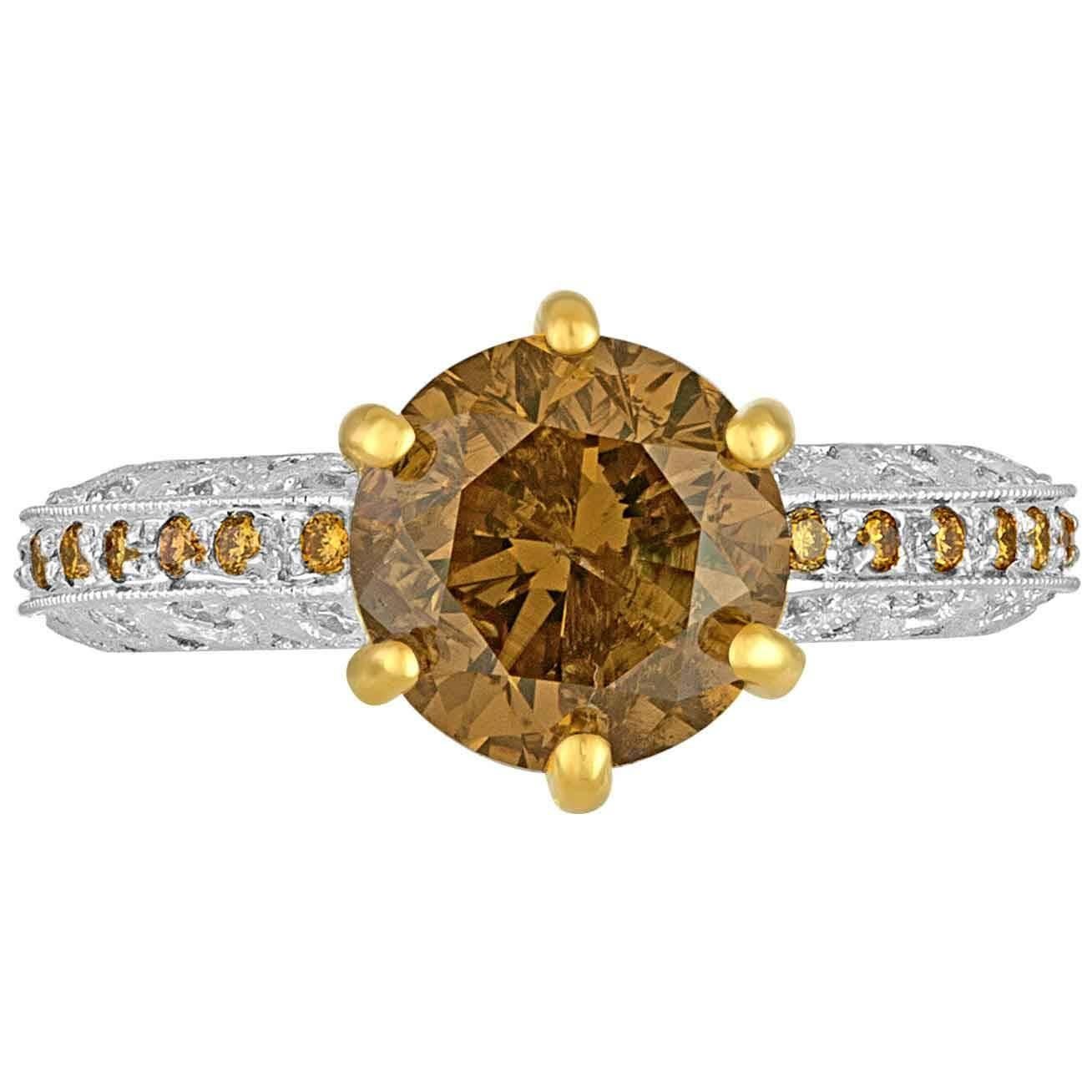 3.03 Carat Brown Diamond Yellow and White Melee Three Color Gold Ring For Sale