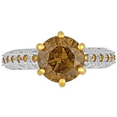 3.03 Carat Brown Diamond Yellow and White Melee Three Color Gold Ring