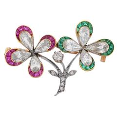 Edwardian Diamond Double Four Leaf Clover Flower Brooch