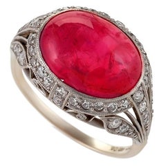 Art Deco oval shape cabochon  Burma Ruby Diamond Platinum Ring