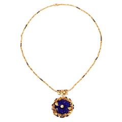 Lapis Lazuli Emerald Diamond Gold Pendant Necklace