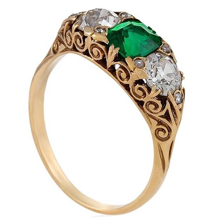 English Antique Emerald and Diamond ThreeStone Ring at 1stDibs