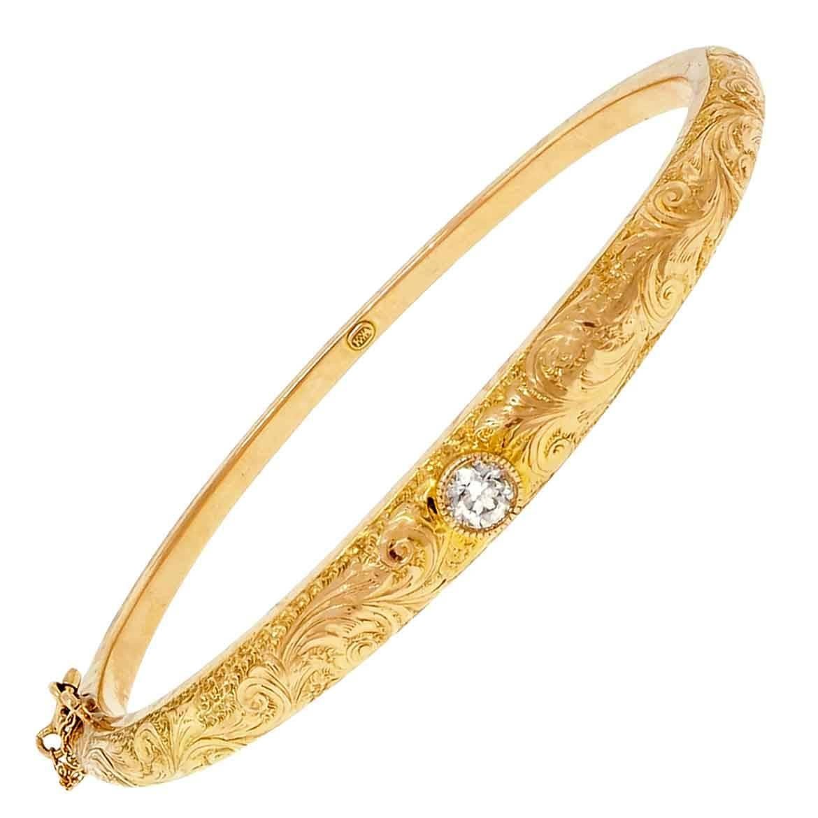 Diamond Engraved Gold Bangle Bracelet