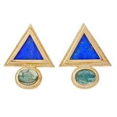 Lapis Triangle Tourmaline Gold Earrings