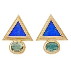 Lapis Triangle Tourmaline Gold Earrings 4