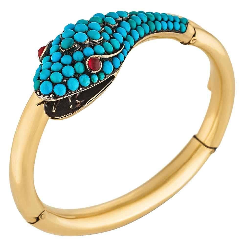 Victorian Turquoise Garnet Silver Gold Wrap Snake Bracelet