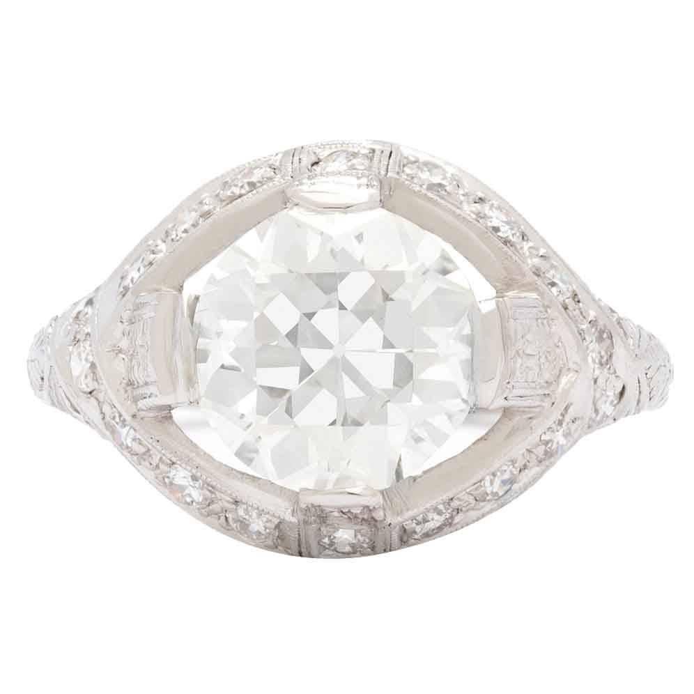 Art Deco 2.78 Carat GIA Cert Round Transitional Cut Diamond Platinum Ring 