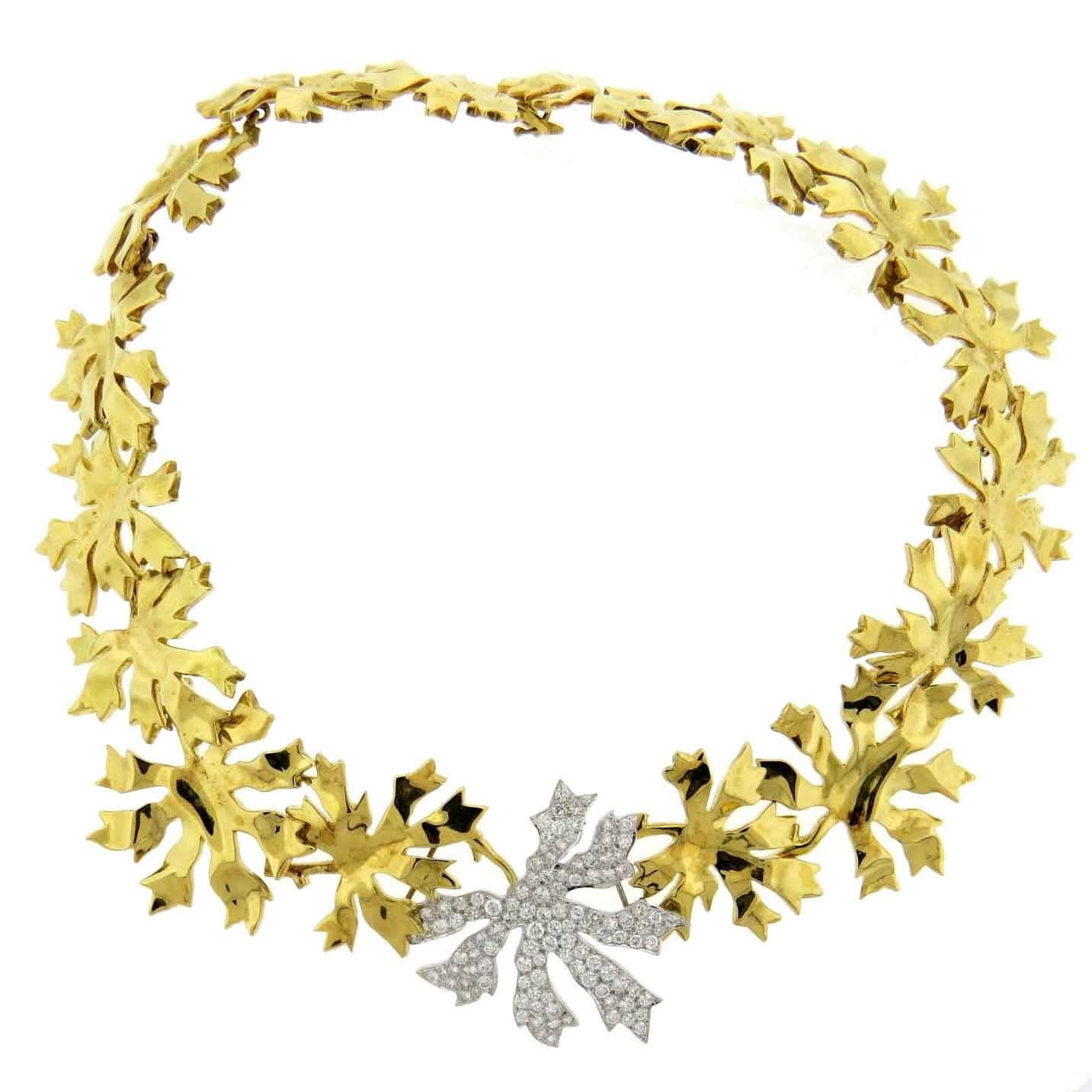 1990s Tiffany & Co. Impressive Gold Platinum Leaf Motif Necklace