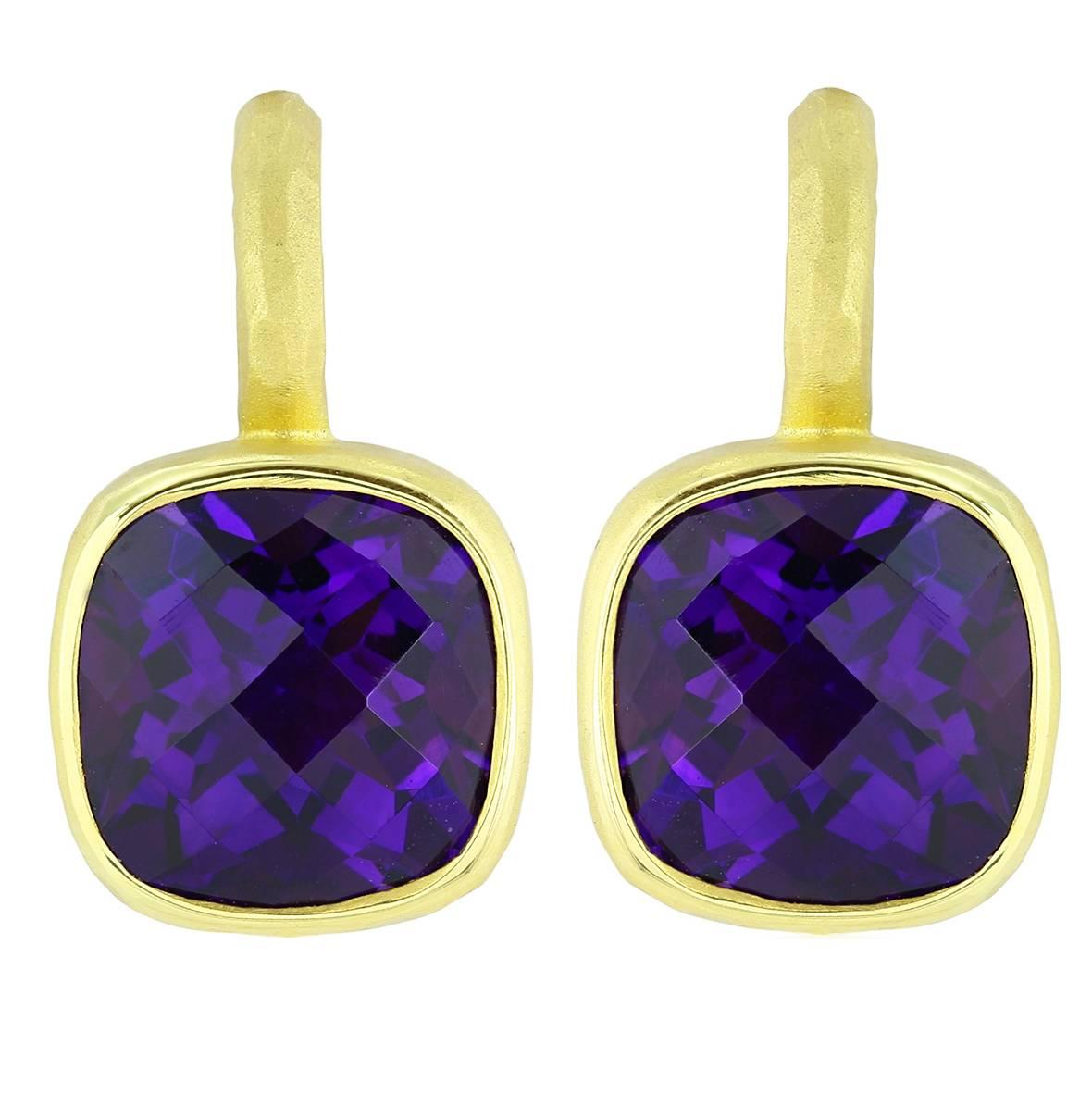 Cushion Cut Amethyst Gold Drop Earrings For Sale