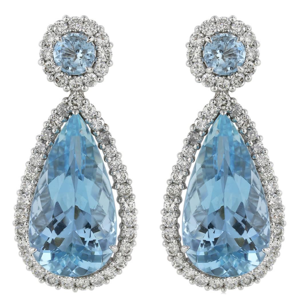 22 Carat Aquamarines Diamond Platinum Drop Earrings For Sale