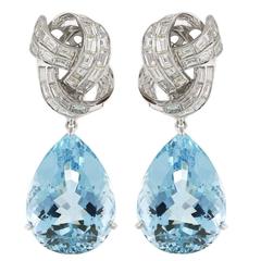 Aquamarine Diamond Platinum Pear Shaped Drop Earrings 4
