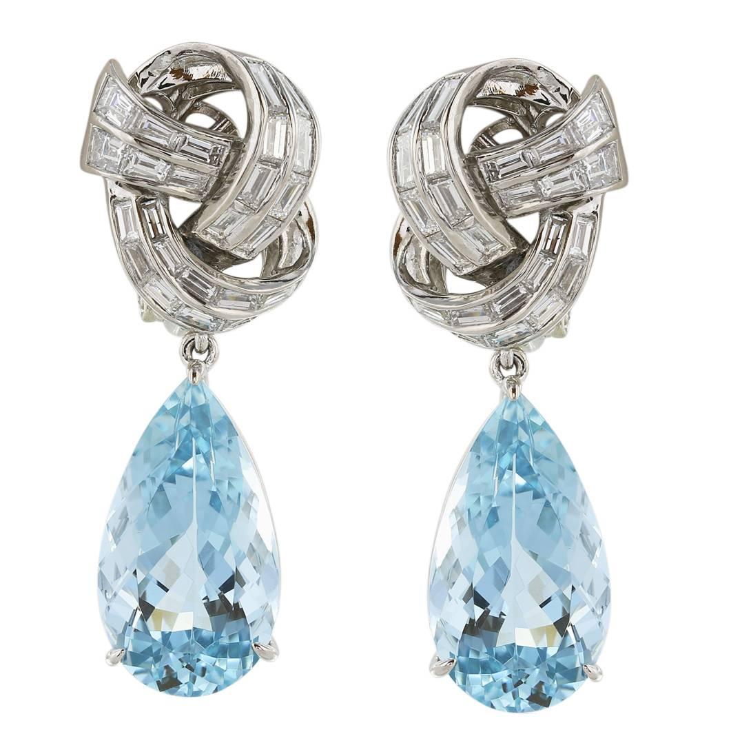 Aquamarine Diamond Platinum Pear Shaped Drop Earrings For Sale