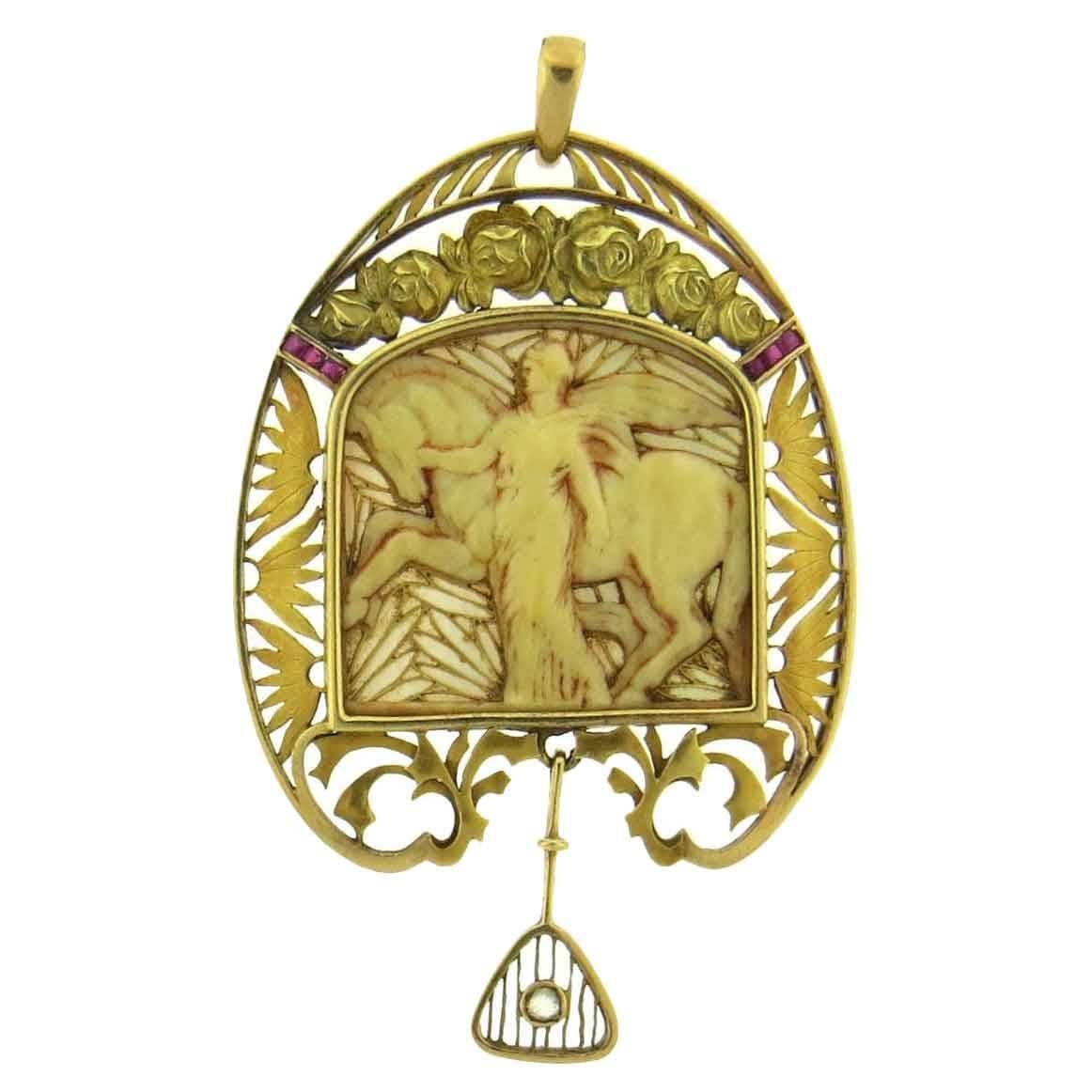 Art Nouveau Mother of Pearl Ruby Gold Pendant