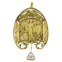 Art Nouveau Mother of Pearl Ruby Gold Pendant