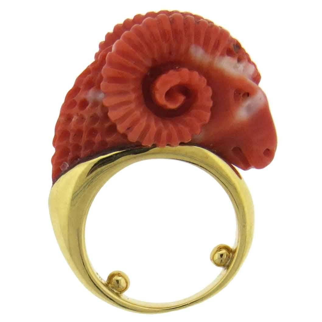 Carved Coral Ram's Head Gold Ring