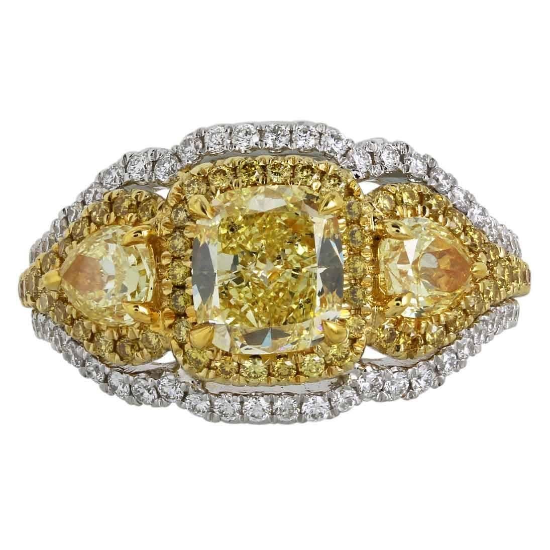 Canary and White Diamonds Two Color Gold Three-Stone Ring For Sale