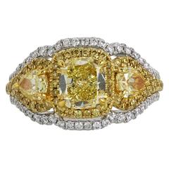 Canary and White Diamonds Two Color Gold Three-Stone Ring