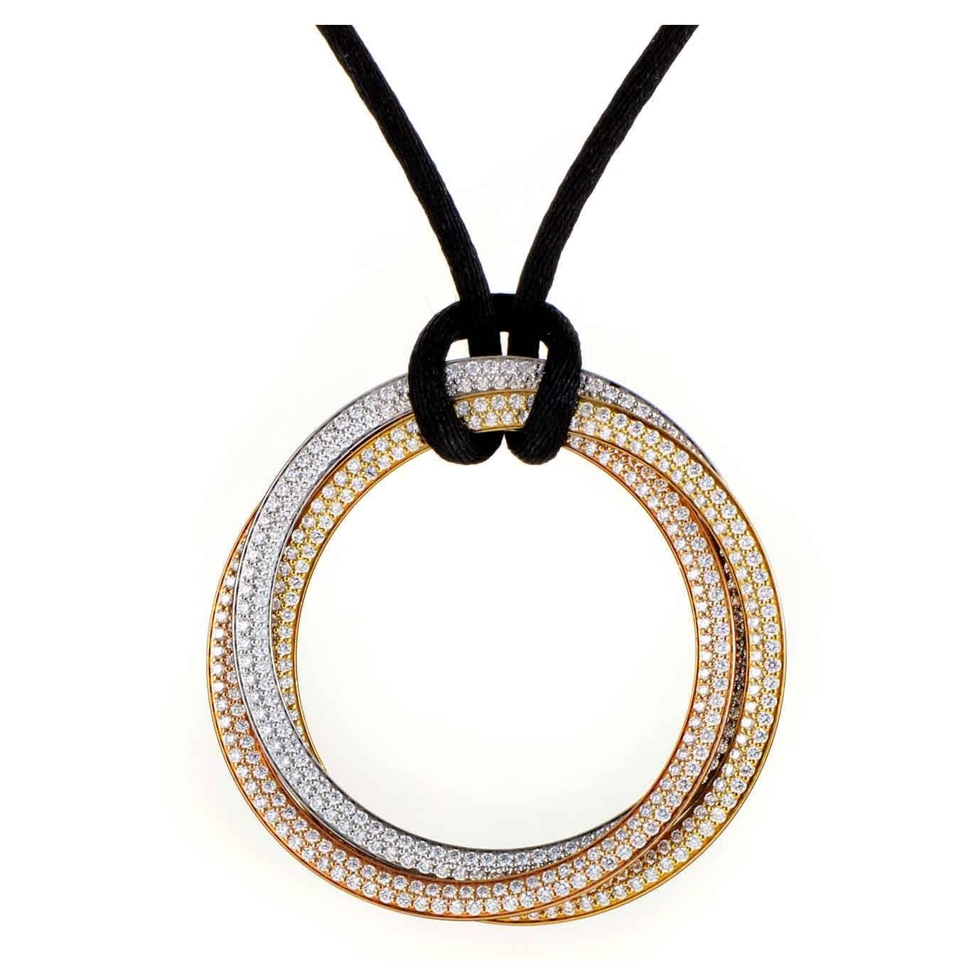 Cartier Trinity Diamond Pave Tricolor Gold Pendant and Silk Cord Necklace