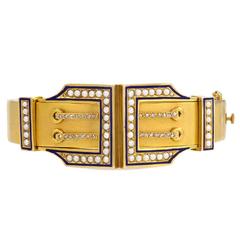 Victorian Blue Enamel Half-Pearl Diamond Gold Buckle Motif Bracelet 8