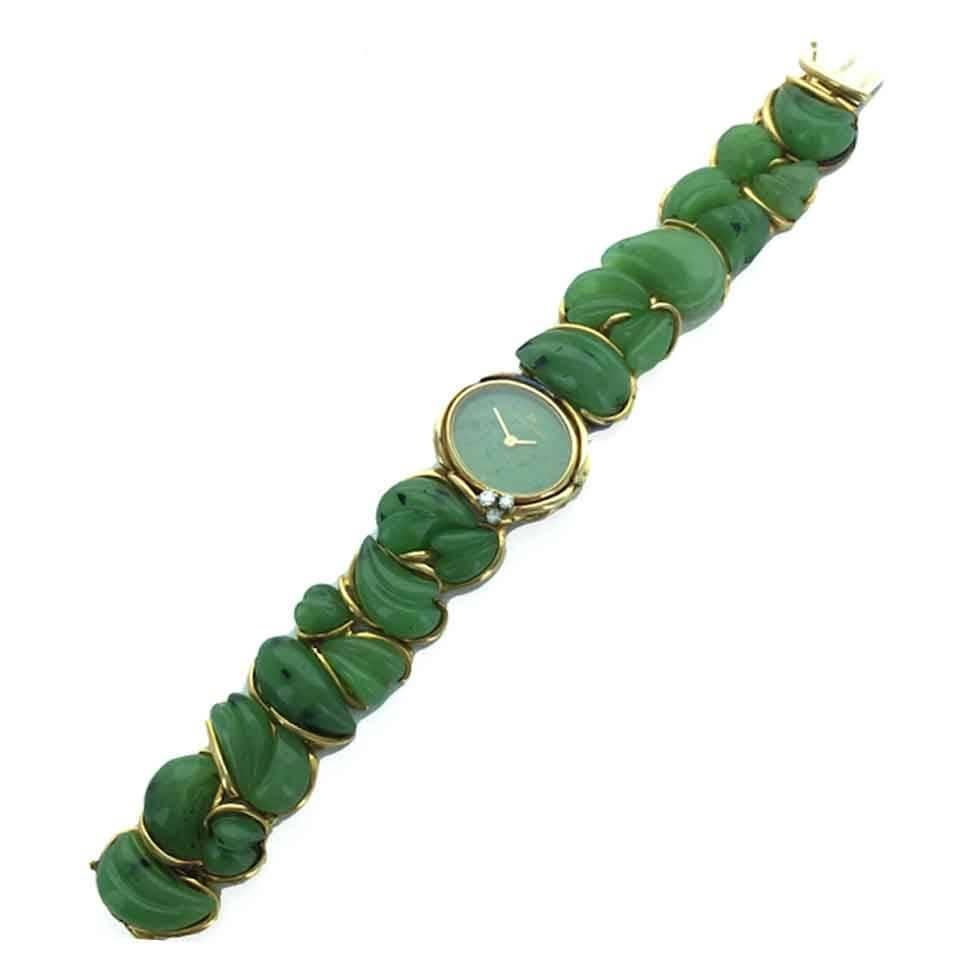 Schlegel & Plana Yellow Gold Carved Jade Nephrite Bracelet Wristwatch