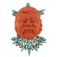 1960s Carved Coral Turquoise Diamond Gold Brooch Pendant
