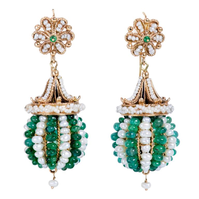 Italian Emerald Pearl Gold Bead Dangle Earrings For Sale at 1stdibs