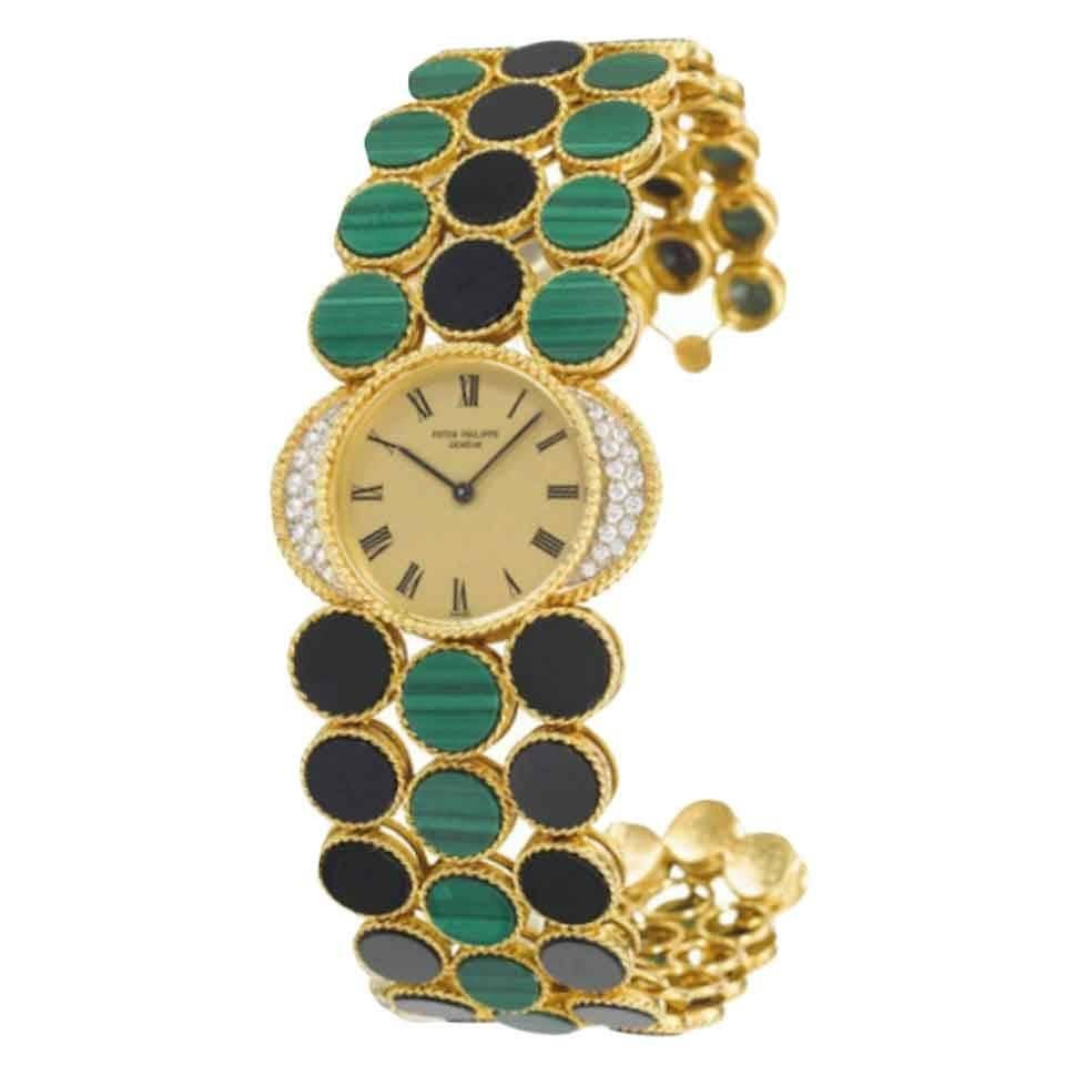 Patek Philippe Yellow Gold Diamond Malachite Onyx Bracelet Wristwatch