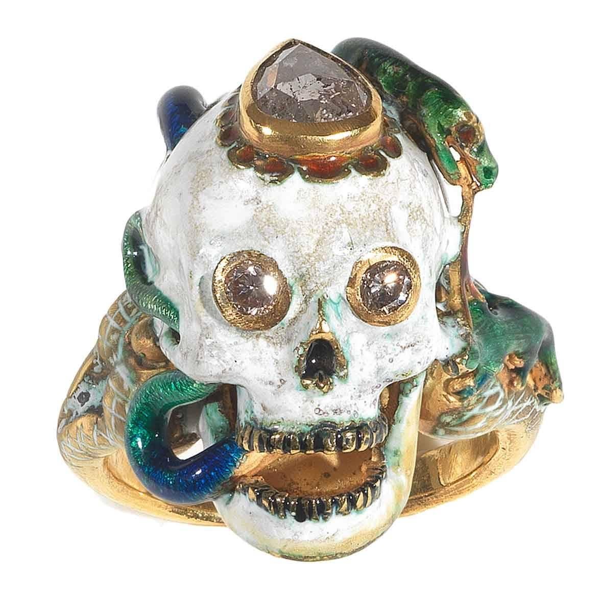 Attilio Codognato Renaissance Style Enamel Diamond Gold Skull Snake Lizard Ring