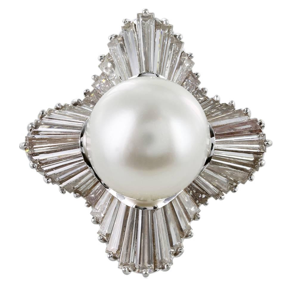 Diamond South Sea Pearl Platinum Cluster Ring For Sale