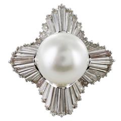 Diamond South Sea Pearl Platinum Cluster Ring