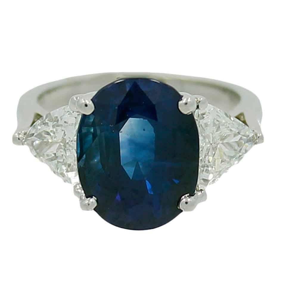 Ceylon Sapphire Trillion Diamonds Platinum Ring  For Sale