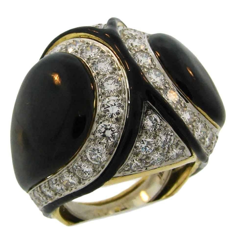 1980s David Webb Black Enamel Diamond Gold Ring