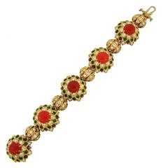 1950s Cartier Coral Diamond Sapphire Emerald Gold Bracelet