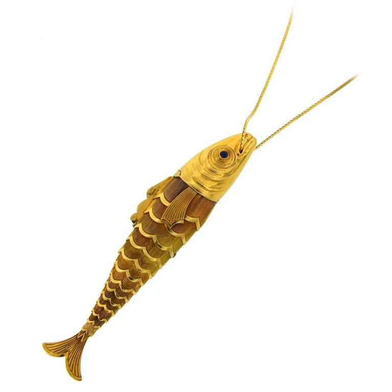 1960s Schlumberger Gold Fish Pendant Necklace Lighter 1960s Schlumberger Gold Fish Pendant Necklace Lighter Pillbox Container For