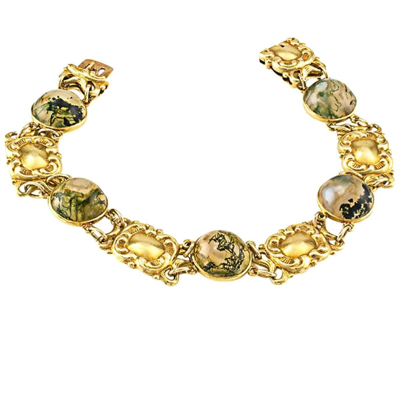 1900s Art Nouveau Moss Agate Gold Bracelet