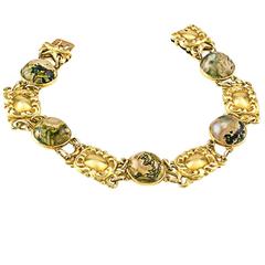 Antique 1900s Art Nouveau Moss Agate Gold Bracelet