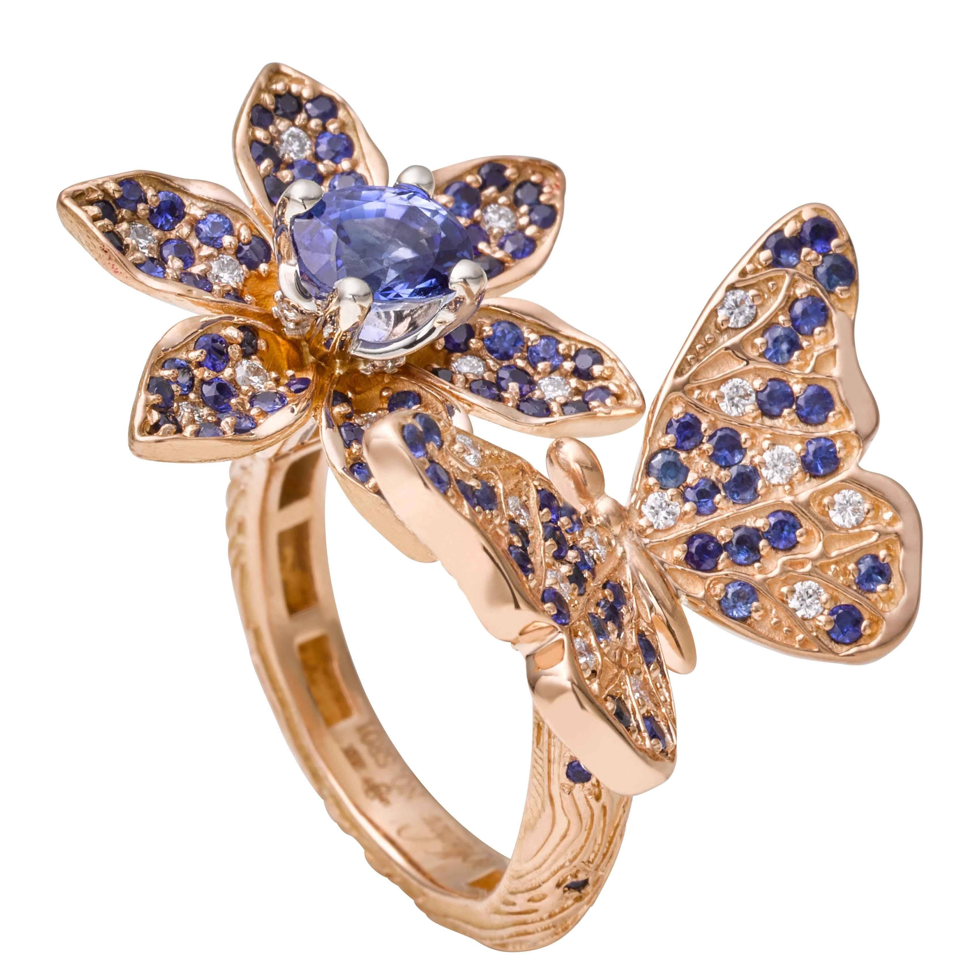 Sapphire Diamond Gold Petal Butterfly Ring For Sale