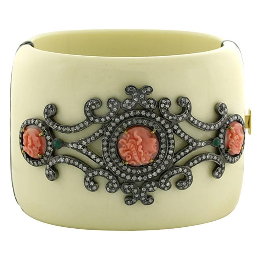 Bakelite Cuff With Emerald & Coral Accented By Diamonds In 18k Gold & Silver