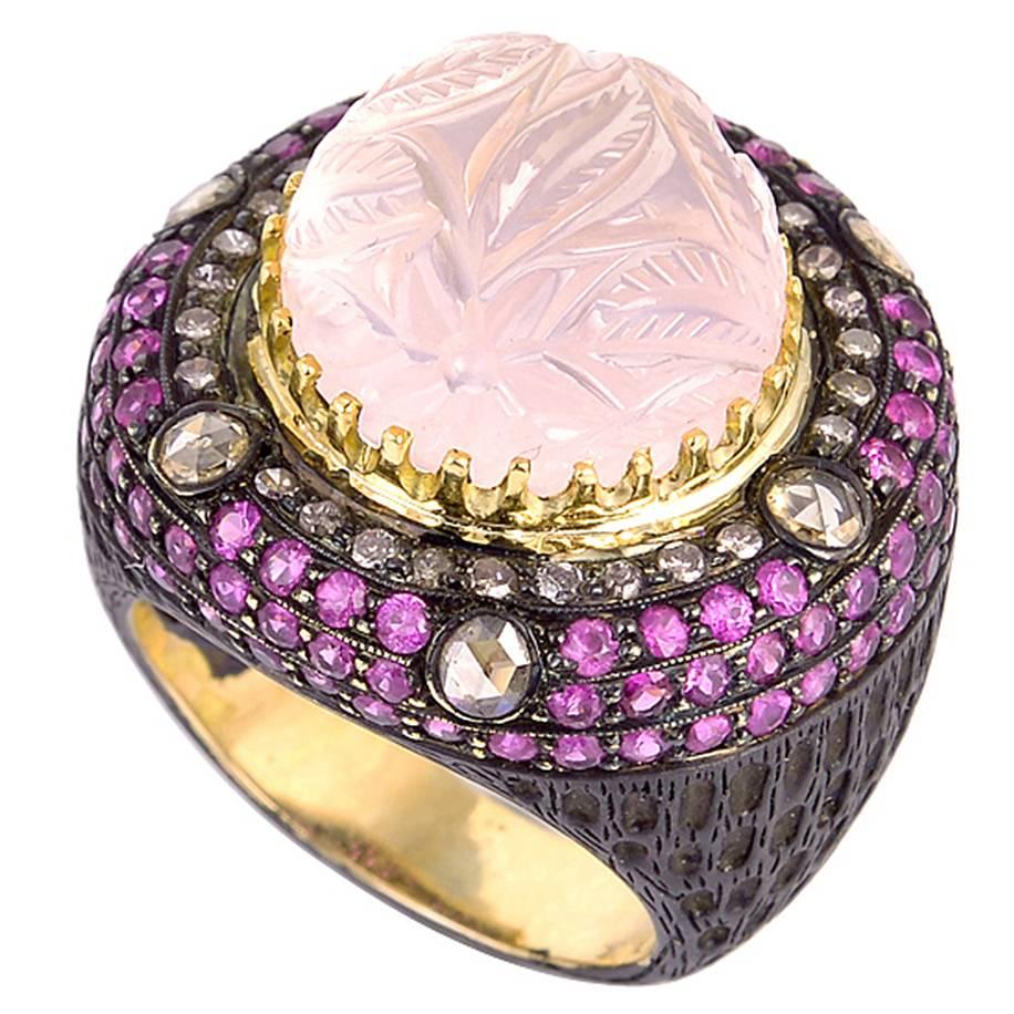 Rose Quartz Ruby Diamond Silver Gold Ring 